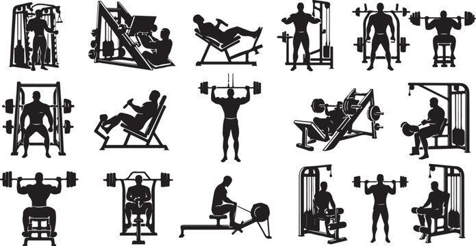 Gym icons, fitness equipment silhouettes, workout vector graphics, exercise machines