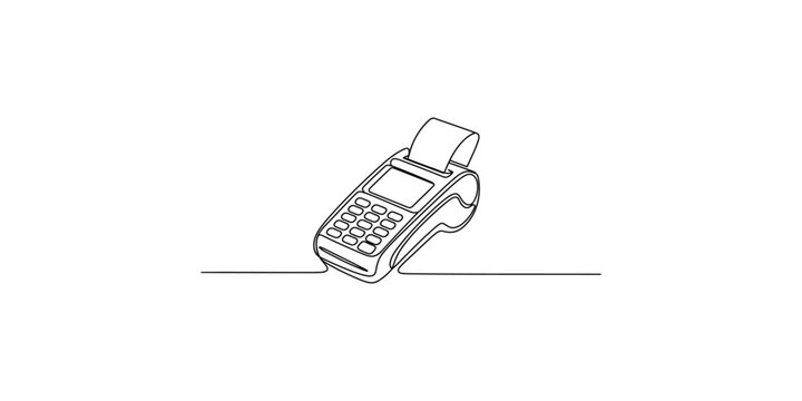 A line drawing of a payment terminal with a keypad and receipt printer on a white background
