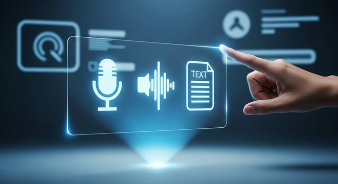 Transforming spoken words into digital text with advanced AI voice recognition technology on a futuristic holographic interface