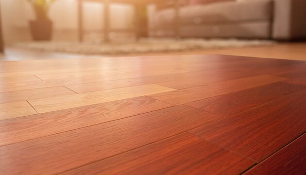 Warmly lit hardwood floor interior with soft focus background suggesting a cozy home environment