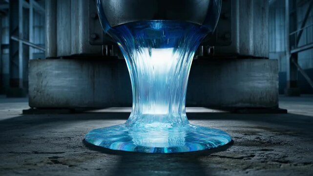 Cinematic flow of glowing electric blue liquid pouring from a massive industrial funnel onto a wet concrete surface dramatic visual effects render
