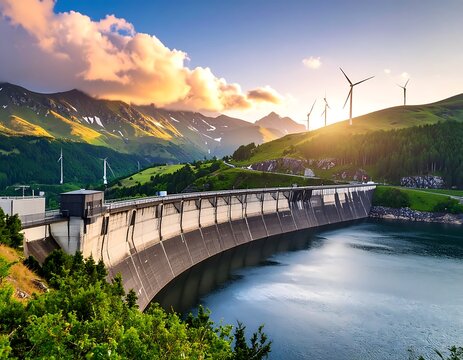 A serene landscape featuring a dam with wind turbines on a hillside