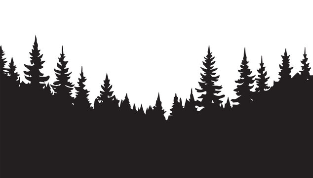 tree line, landscape with black silhouettes of trees and hills, trees silhouettes set. Black pine woods