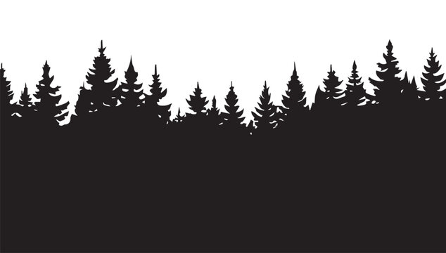 tree line, landscape with black silhouettes of trees and hills, trees silhouettes set. Black pine woods