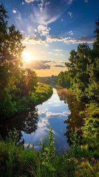 A serene river landscape at sunset with lush greenery