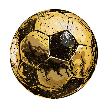 Old golden soccer ball grunge texture hand drawn style isolated