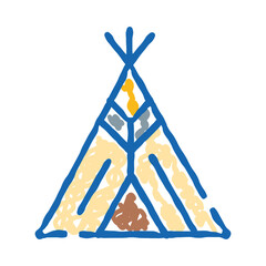 Hand drawn teepee with glowing campfire and curling smoke, simple doodle evoking nomadic shelter, wilderness living, cultural heritage and peaceful outdoor warmth and travel spirit © vectorwin