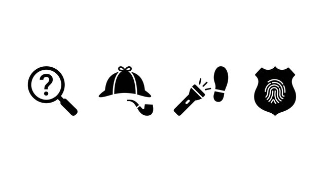 Detective icons: magnifying glass deerstalker hat pipe footprint flashlight and fingerprint badge