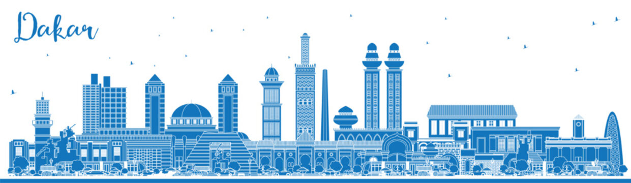 Outline Dakar Senegal City Skyline with Blue Buildings. Illustration. Business Travel and Concept with Historic Architecture. Dakar Cityscape with Landmarks.