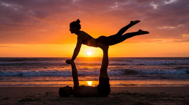 Couple practicing acro yoga on beach at sunset
