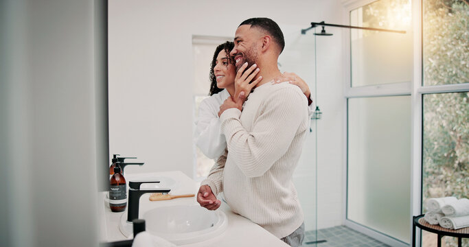 Couple, smile and wellness in bathroom with hug, support and bonding together for beard grooming. Happy, married people and morning routine in home with embrace, skincare help or healthy relationship