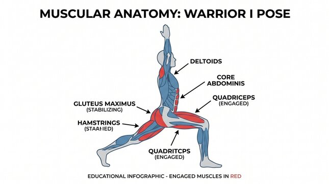 Muscular Anatomy of Warrior One Yoga Pose Infographic