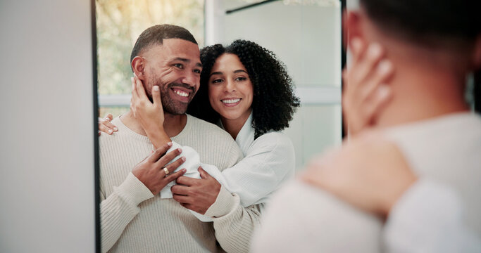 Couple, smile and mirror in bathroom with hug, wellness and bonding together for grooming in home. Happy, married people and morning routine in house with embrace, reflection or healthy relationship.