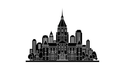 Obraz premium Black and white city skyline silhouette with historic architecture on white background