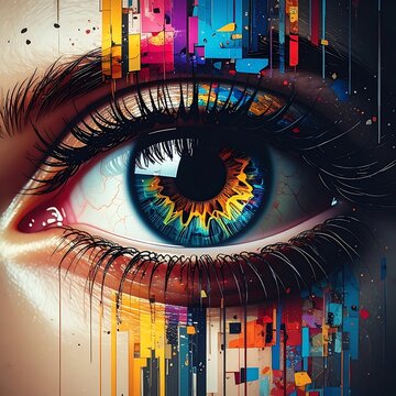 A vibrant blue eye with colorful streaks and digital glitch art