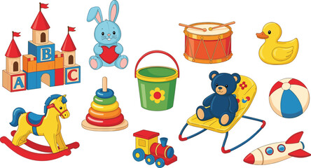 Naklejka premium Cute Kawaii Baby Toys Icon Set with Happy Cartoon Playtime Items and Children Play Elements for Kids Design, Nursery, and Stickers Graphics