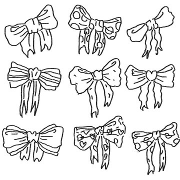Set hand-drawn cute ribbon bows in various styles, perfect for decoration, fashion design, stickers, and creative artwork.