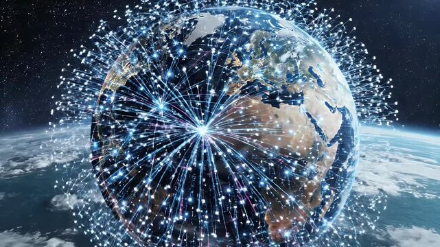 A stunning visual representation of Earth illuminated by vibrant light trails, symbolizing global connectivity and technological advancement against a backdrop of deep space.
