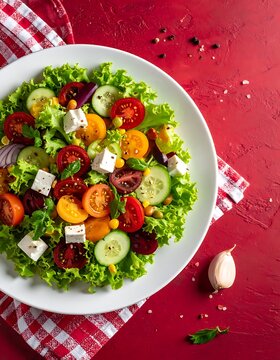 A vibrant salad with mixed greens, vegetables, and cheese