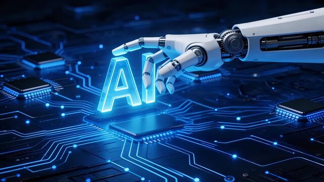 Robot hand on circuit board with AI text