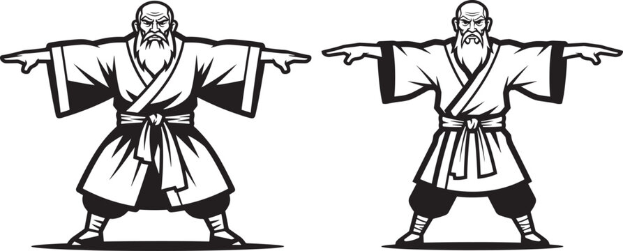 Two old men with long beards in traditional japanese martial arts uniform with arms outstretched in a wide stance graphic illustration old man black and white line art white background japanese