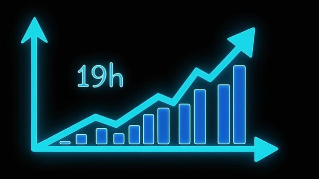 Cyan neon line and bar graph display. Neon line graph with time indicator. Neon line graph for digital data analysis and technology progress report visualizations art.