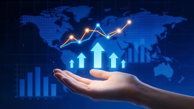 Hand holding growth chart on world map