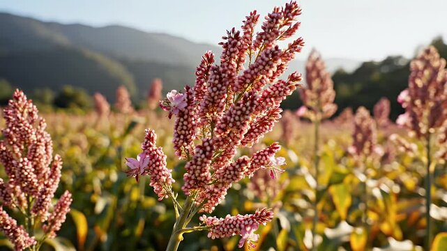A vibrant field of sorghum plants displays their reddish-purple seed heads against a blurred mountainous backdrop.