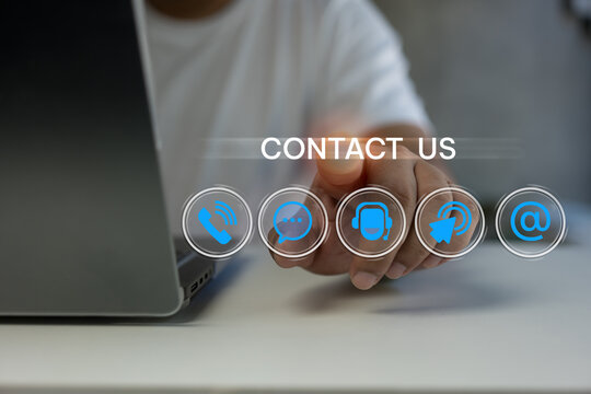 Man touch contact us buttons with icons for communication. Customer support hotline Contact us people connection