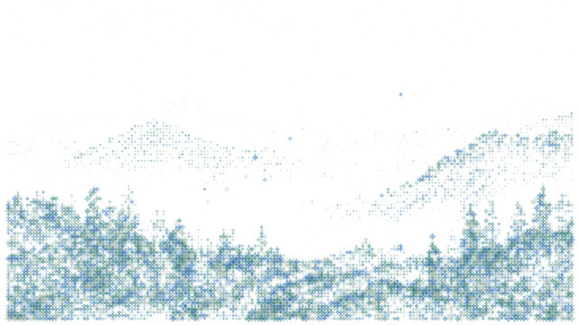 Vector abstract mountain landscape and pine forest silhouette formed by blue diamond particles halftone for nature technology science and environment digital concept