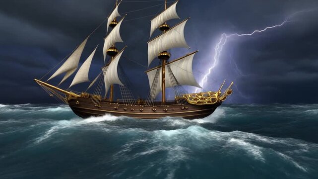 Majestic galleon battles stormy seas. Galleon with lightning strike overhead. Galleon for historic maritime vessel and epic adventure ship journey visualizations art animations.