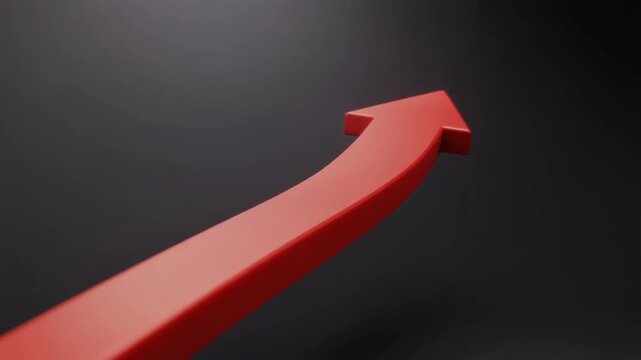 Red arrow curving upwards on dark gradient. Red arrow representing business growth. Red arrow for financial success and corporate market trend visualizations art animations.