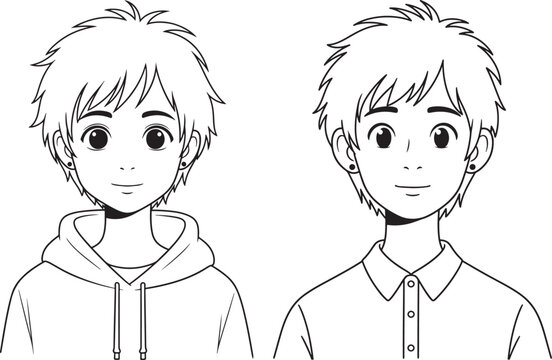 Two cartoon boys with spiky hair one wearing a hoodie the other a collared shirt line art black and white illustration portrait headshot character clothing hairstyle monochrome adolescent