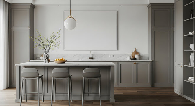 Modern kitchen interior with island counter and stools vector illustration