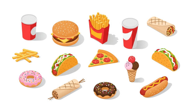 Isometric fast food vector set with burger fries pizza cola hotdog tacos donut and shawarma