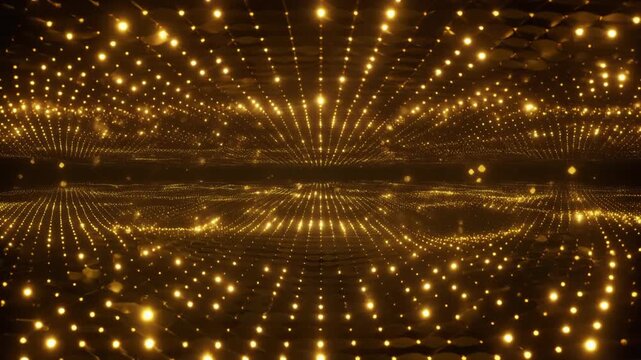 Sparkling golden tunnel glows with light. Golden tunnel for abstract transitions. Golden tunnel for dazzling video backgrounds and futuristic high tech motion graphic visuals.