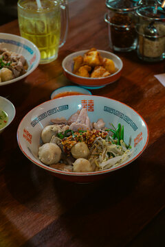 Asian Beef Meatball Noodle Soup in Double Happiness Bowl