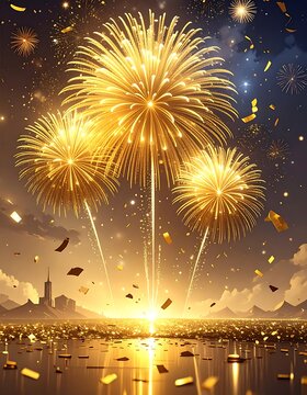 Vibrant fireworks exploding over serene water with confetti