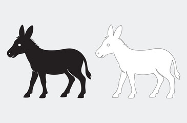 Fototapeta premium A black-and-white flat vector icon of a donkey head. It features minimalist lines to outline the long, alert ears, a simple snout, and a distinct mane, isolated on a white background.