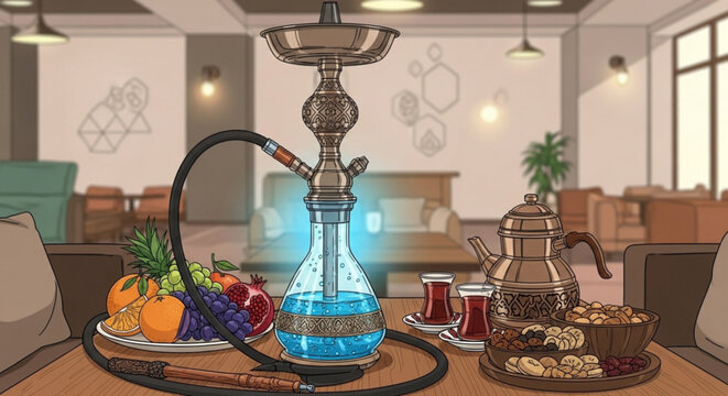 Ornate hookah with glowing blue water fruit platter and tea set in a cozy lounge perfect for relaxation and social gatherings