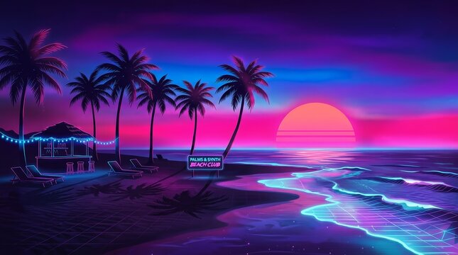 Dreamy retrowave night scenery perfect for summer vacation and travel themes.