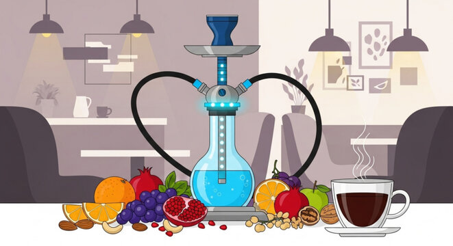 Shisha pipe with fruits and coffee in a cafe flat vector illustration for relaxation and social gathering concepts