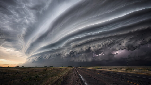  Dramatic cinematic time-lapse of a massive, multi-layered shelf cloud advancing over a rural highway