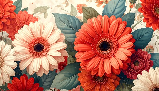 Vibrant flowers with orange, peach, and white petals and green leaves