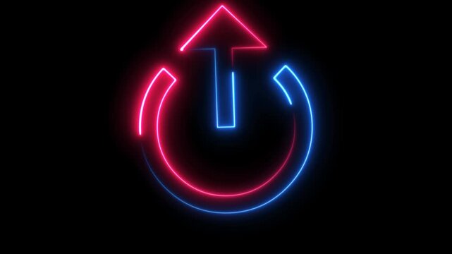 Glowing neon sign featuring a round power button icon with a light blue LED switch symbol for a modern web technology start and stop push design, 4k animation video, alpha channel