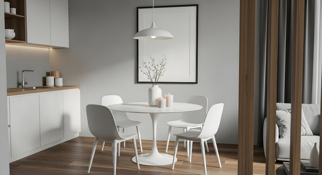 Modern dining room interior with white furniture and kitchen area