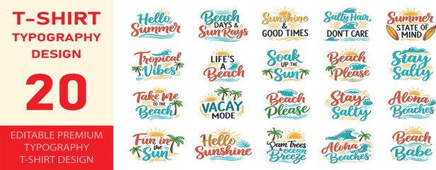 Summer and beach themed typography t-shirt designs with sun and waves. © JOBAER GRAPHIC