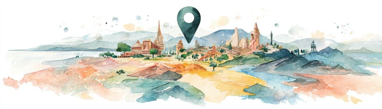 A watercolor cityscape with historic buildings and a location pin marking a spot in the town.