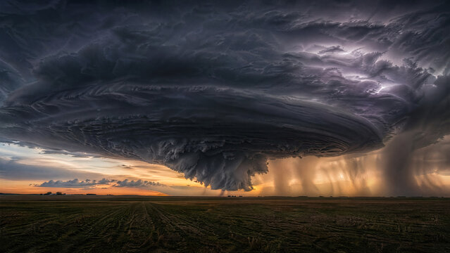  Dramatic time-lapse of a massive supercell storm rotating over an open field at twilight. The dark, textured clouds churn and swirl in a circular motion