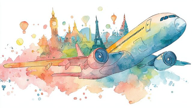A colorful watercolor illustration of a passenger airplane flying in front of famous world landmarks like Big Ben, Eiffel Tower, and St. Basil"s Cathedral.